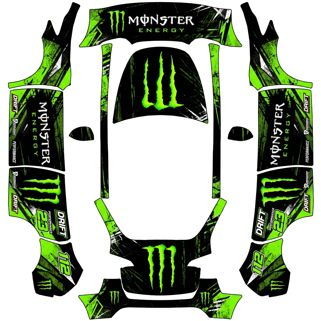 Tesla Model Y with a Monster Energy Black and Green wrap, 3D preview