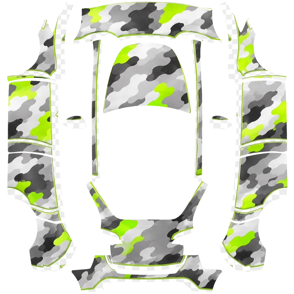 Tesla Model Y with a Neon Lime Snow Camo wrap, 3D preview
