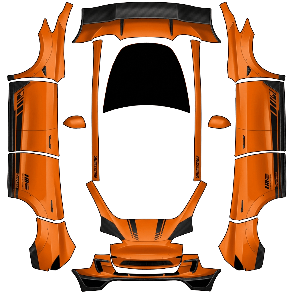 Tesla Model Y with a Orange with Matte Black Hood wrap, 3D preview