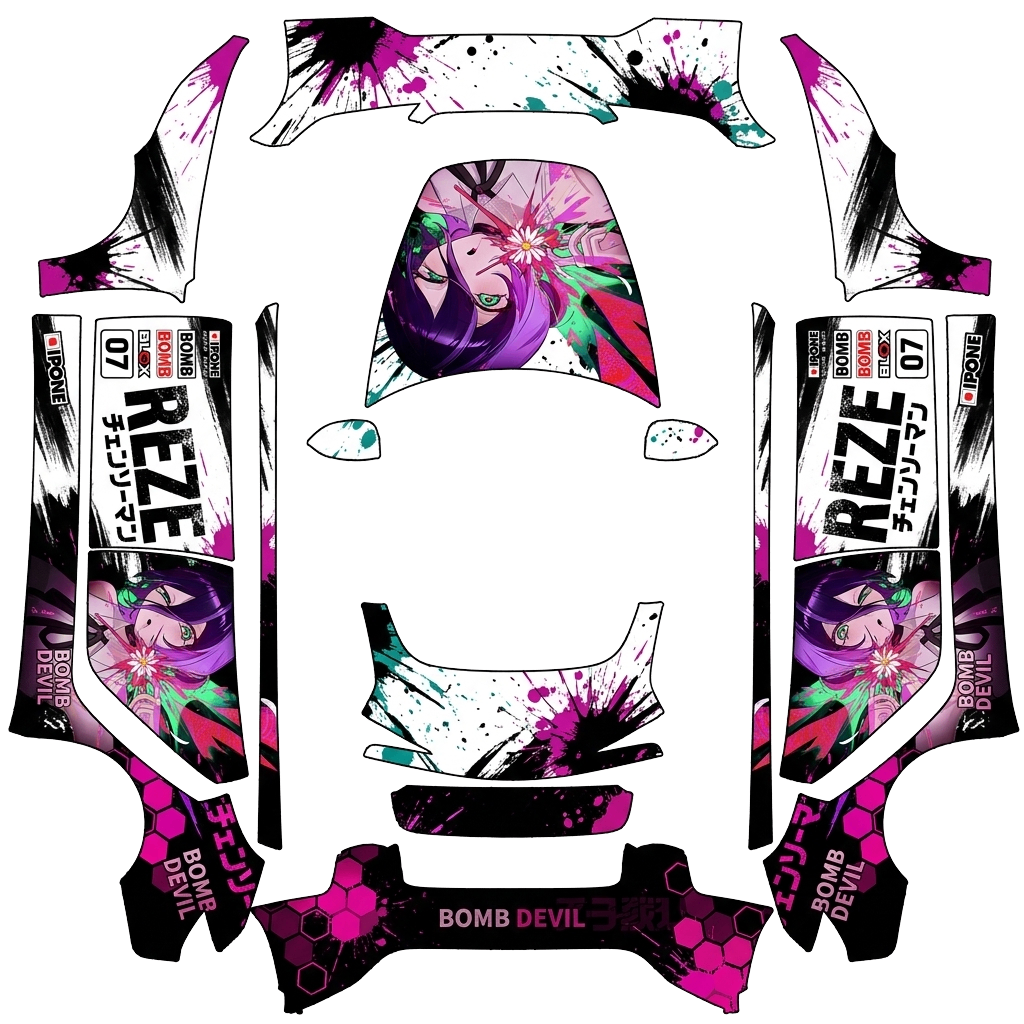 Tesla Model 3 (2024+) Performance with a Racing Anime hot-pink and purple No. 07 wrap, 3D preview