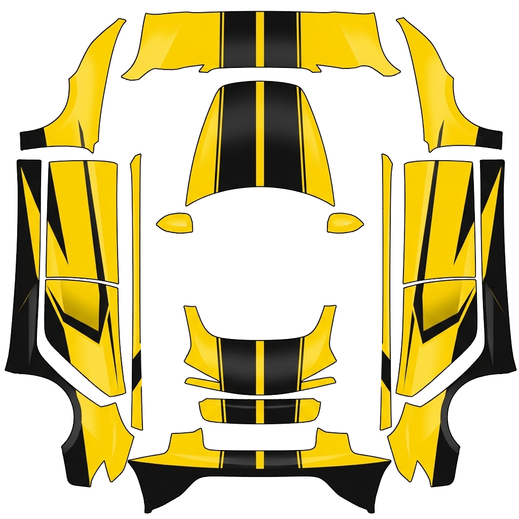 Tesla Model 3 (2024+) Standard & Premium with a Racing Matte black and yellow wrap, 3D preview