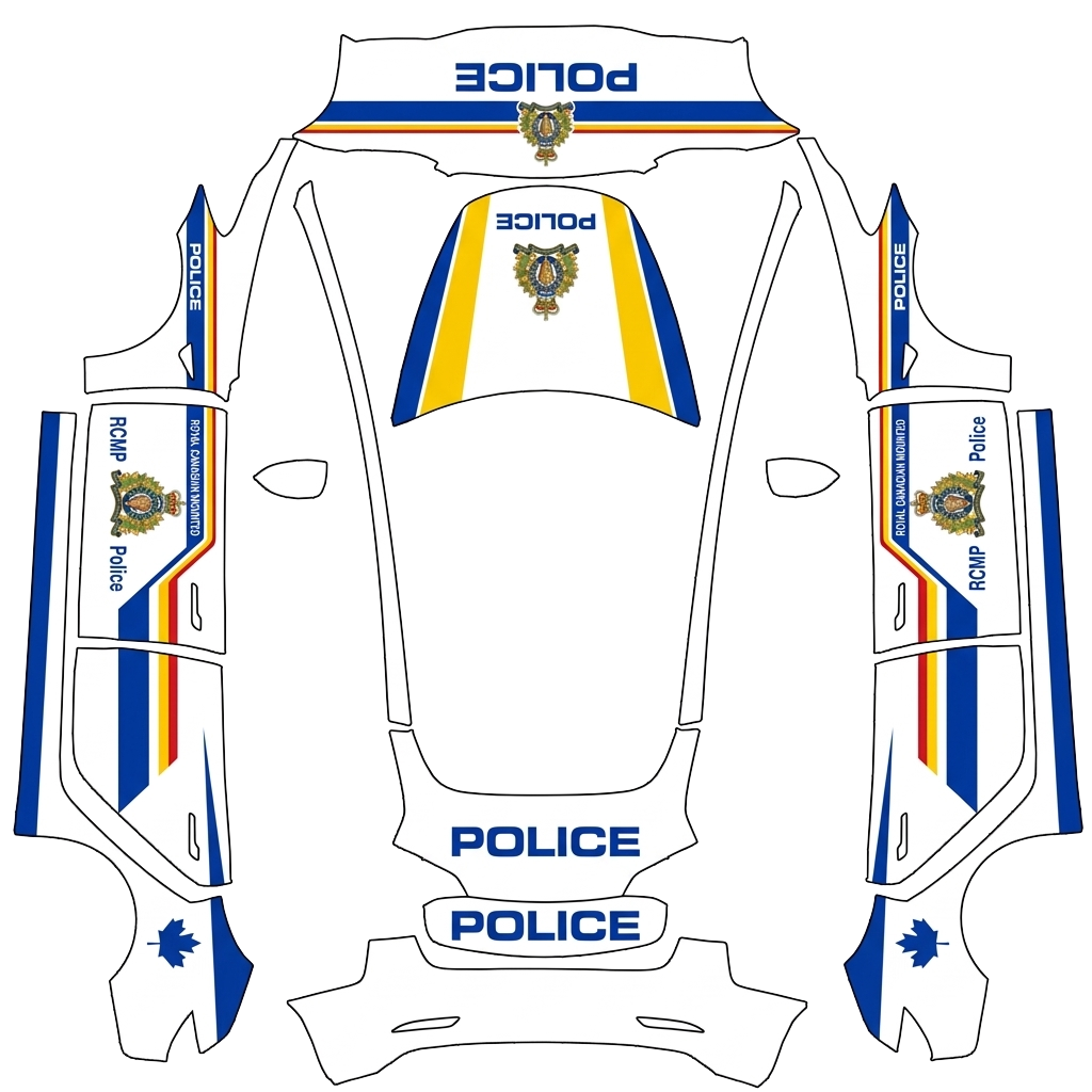 Tesla Model 3 with a RCMP Police White Livery wrap, 3D preview