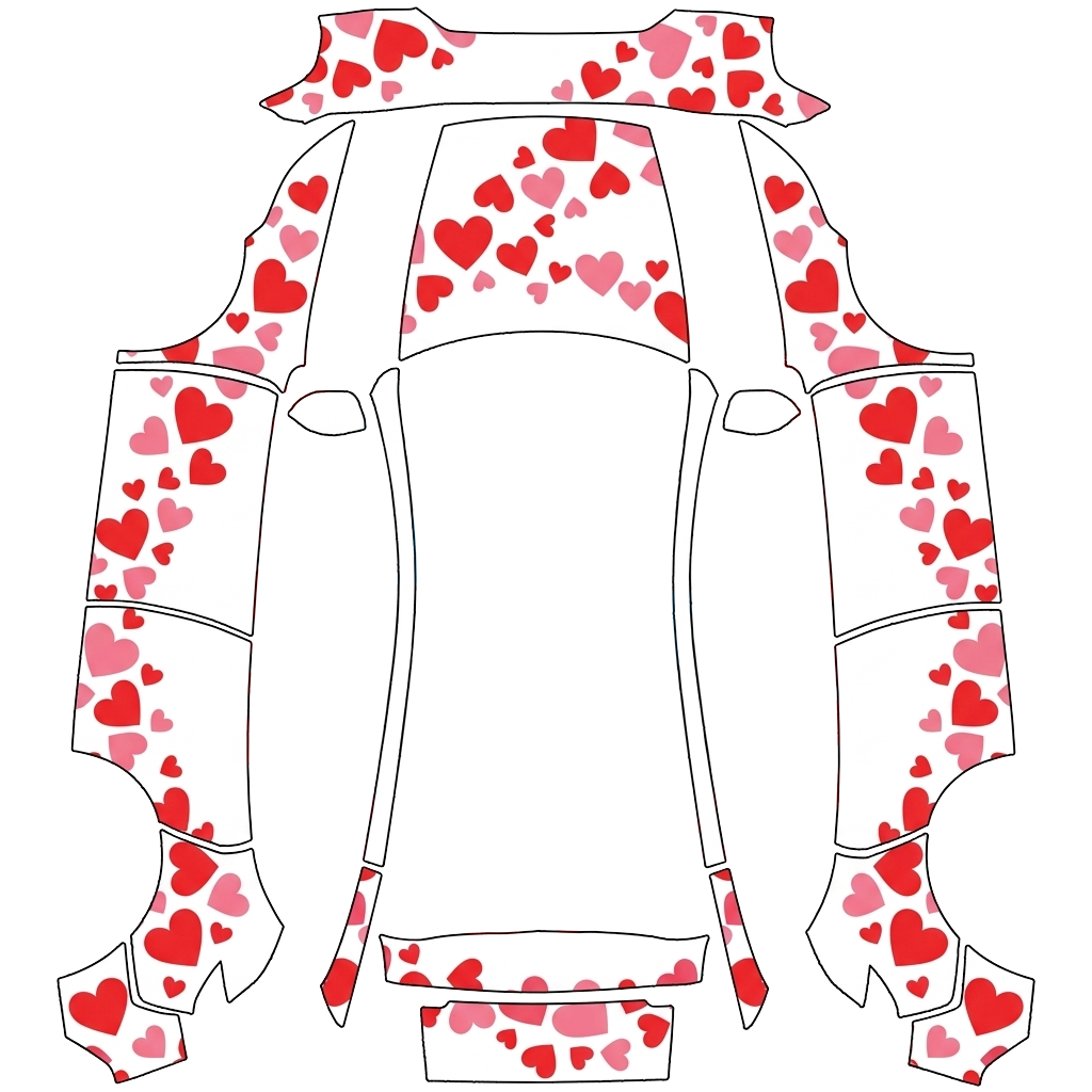 Tesla Model Y (2025+) Premium with a Red and Pink Hearts on White wrap, 3D preview