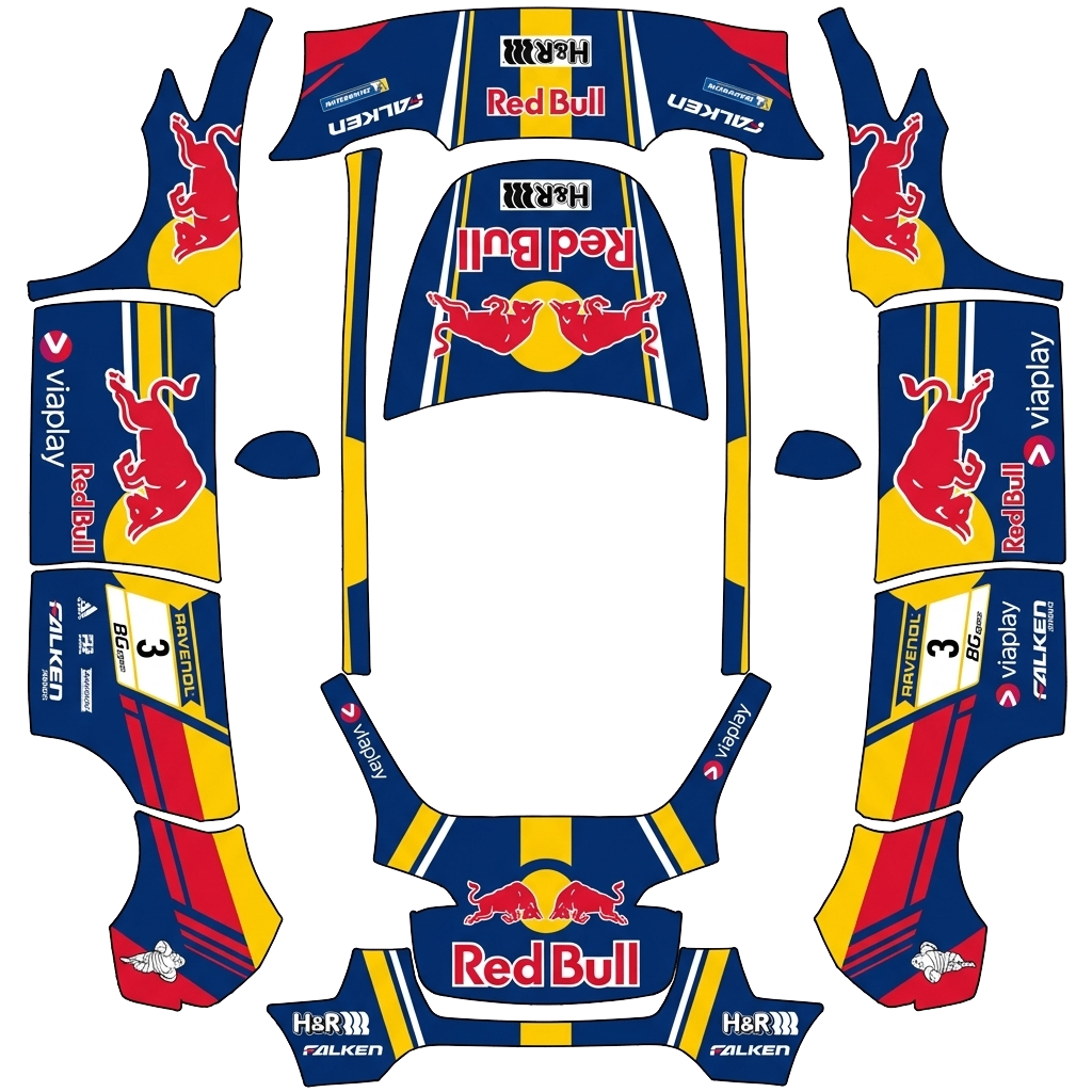 Tesla Model Y with a Red Bull Falken Livery wrap, 3D preview