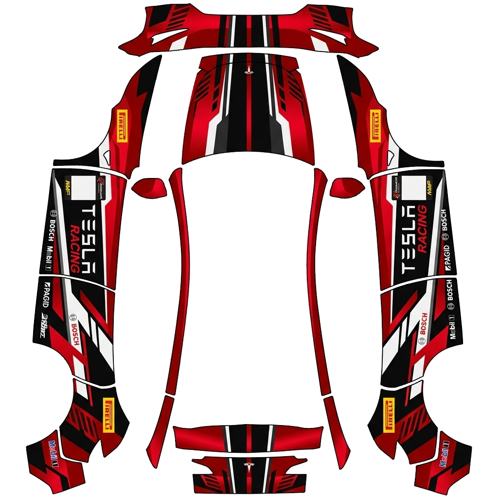 Tesla Model Y (2025+) Premium with a Tesla Racing Red Sponsors wrap, 3D preview