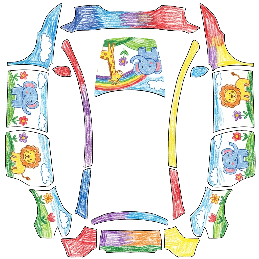 Tesla Model Y L with a Crayon Animal Doodles wrap, 3D preview