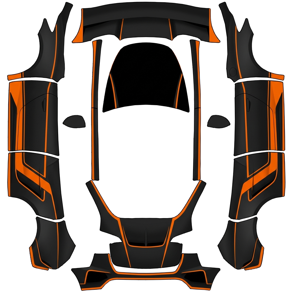 Tesla Model Y with a Matte Black with Orange Accent Lines wrap, 3D preview