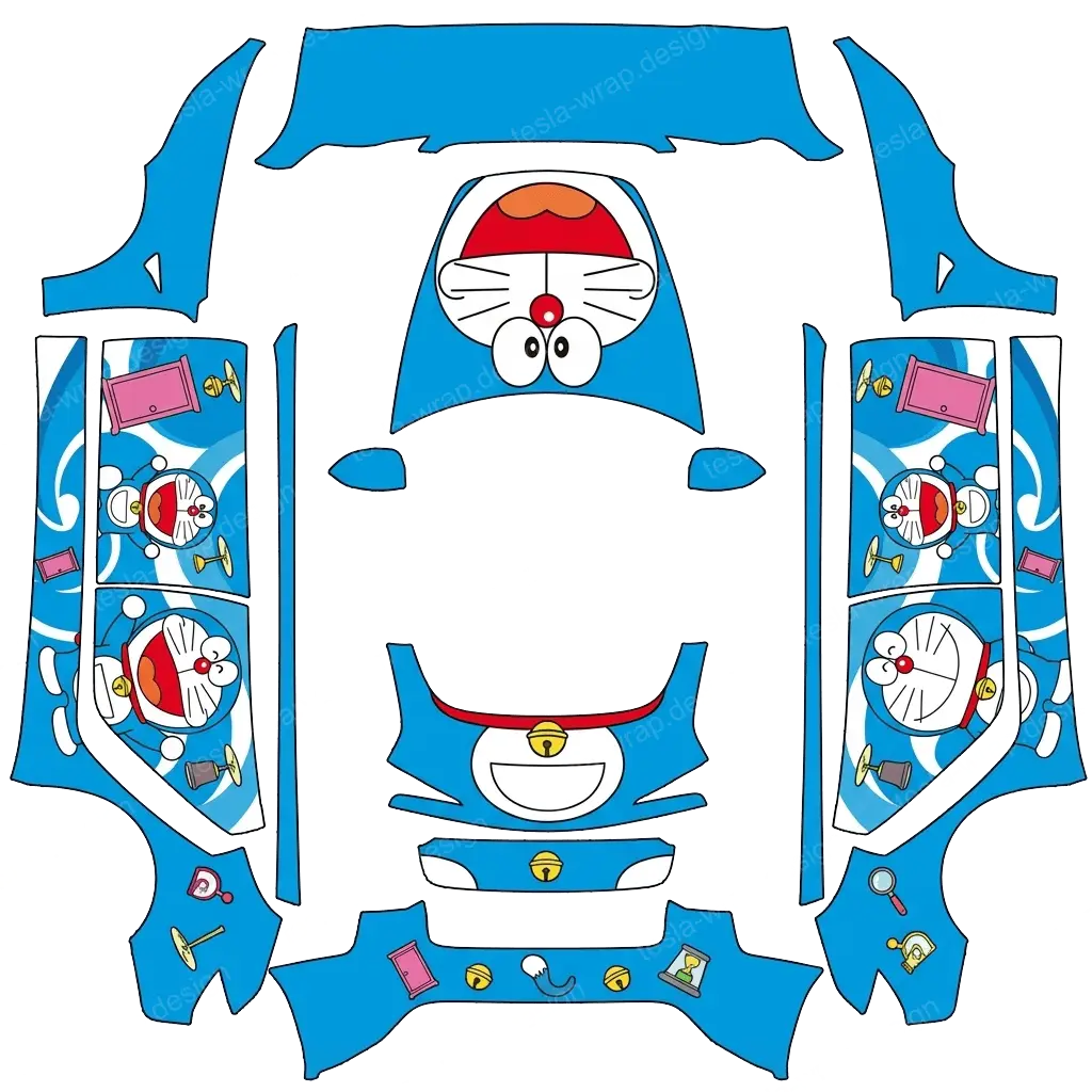 Tesla Model 3 (2024+) wrap design - make me a car wrap by filling in this template based on doraemon design