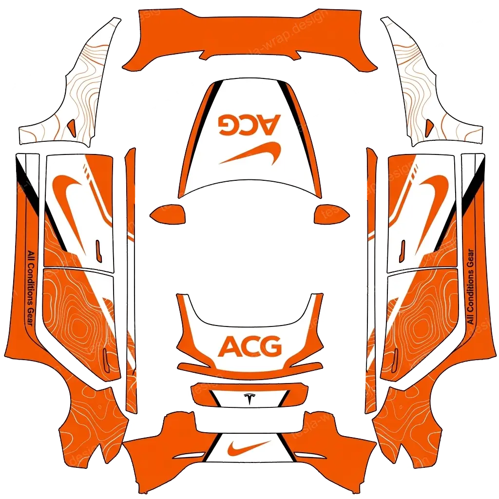 Tesla Model 3 (2024+) wrap design - All Conditions Gear
white & orange
swoosh logo & acg logo on the front