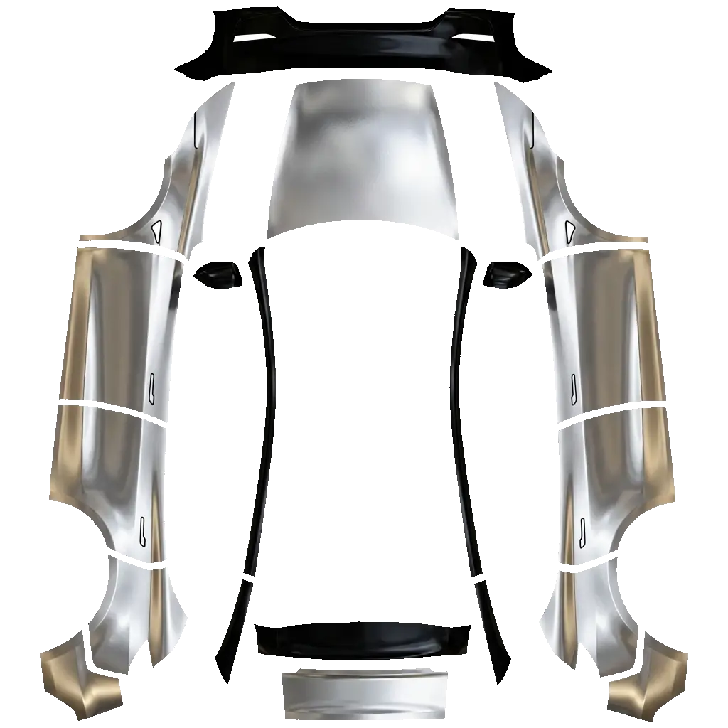 Tesla Model Y (2025+) wrap design - metalic quicksilver, black mirror, pillar and spoiler, add toning light