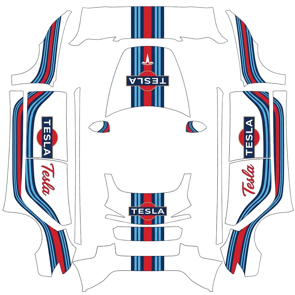 Tesla Model 3 (2024+) wrap design - Look Martini racing avec la marque Tesla inclue