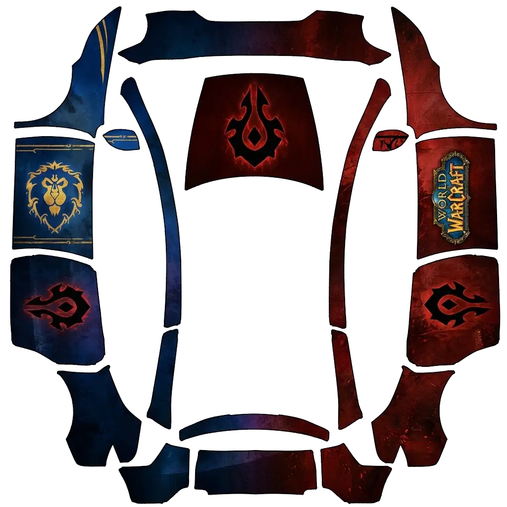 Tesla Model Y L wrap design - 前盖用部落ogo,后盖是魔兽世界logo,后视镜一边是联盟蓝,一边是部落红