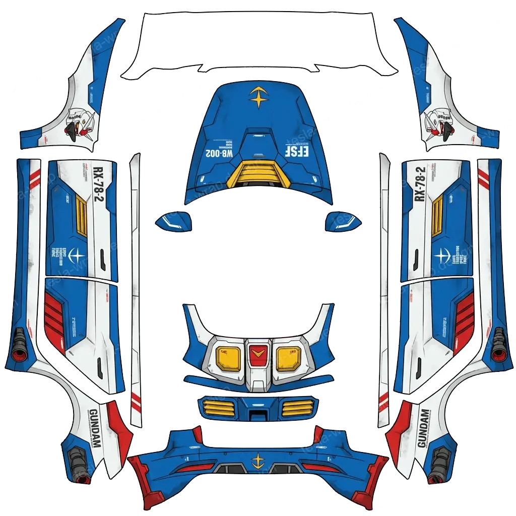 Tesla Model 3 (2024+) wrap design - make me a car wrap by filling in this template using the gundam rx 78 template