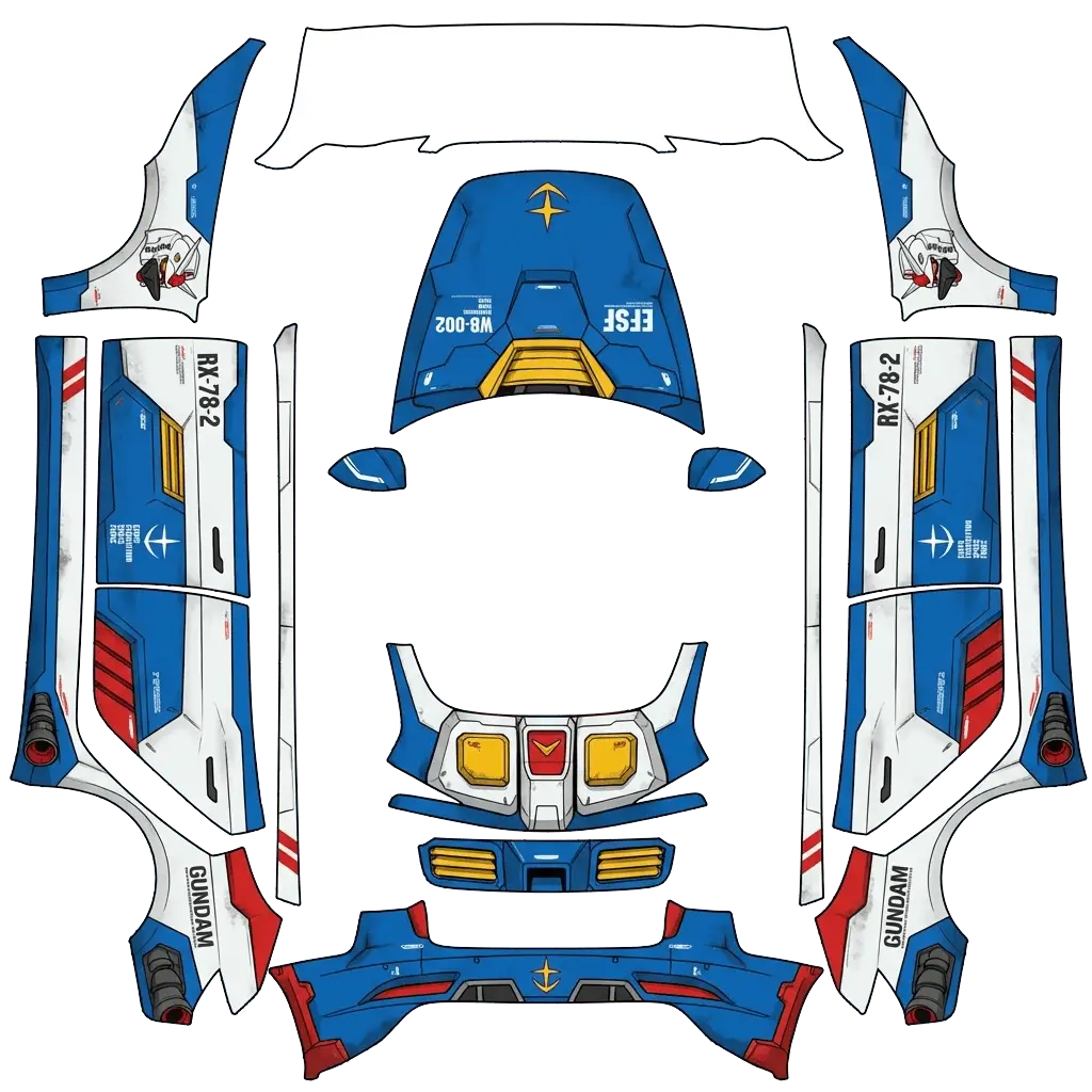 Tesla Model 3 (2024+) wrap design - make me a car wrap by filling in this template using the gundam rx 78 template