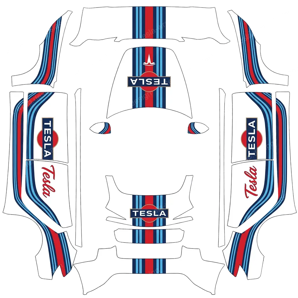 Tesla Model 3 (2024+) wrap design - Look Martini racing avec la marque Tesla inclue
