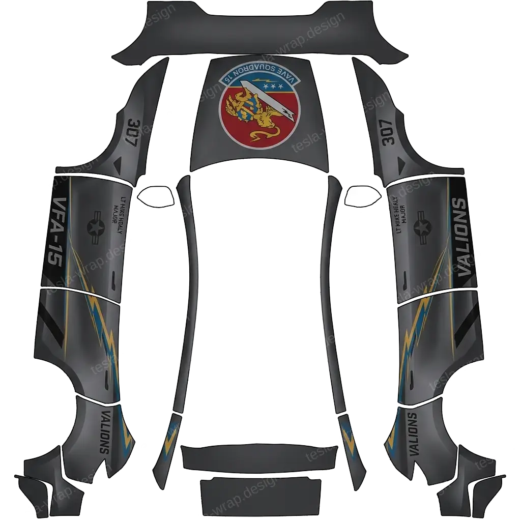 Tesla Model Y (2025+) wrap design - Looking for a navy FA18 motif.  I can provide an image of patch on hood also.
