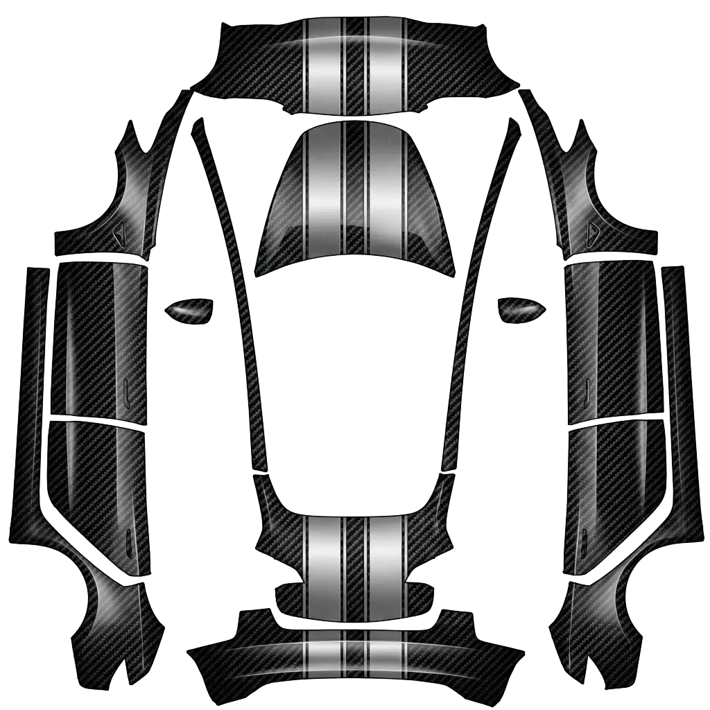 Tesla Model 3 wrap design - Carbon fiber texture with metallic accents, racing stripes