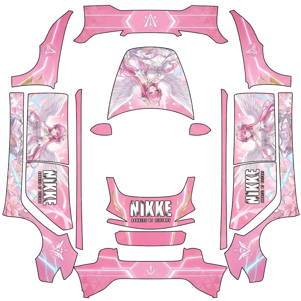 Tesla Model 3 (2024+) wrap design - 以游戏"nikke: goddess of victory"中的角色“桃乐丝” (dorothy)为原型设计涂装，主要颜色为粉红色.