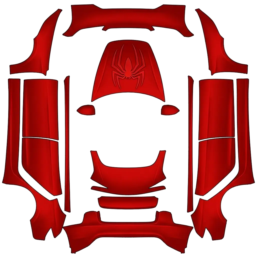 Tesla Model 3 (2024+) wrap design - Spider logo on hood. Colors: red.