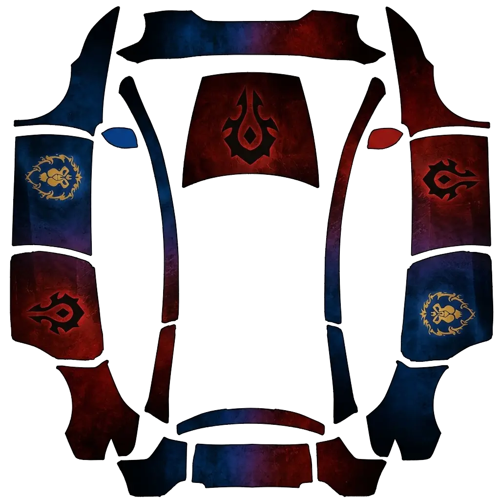 Tesla Model Y L wrap design - 前盖用部落ogo,后盖是联盟logo,不是魔兽世界logo,后视镜一边是联盟蓝,一边是部落红