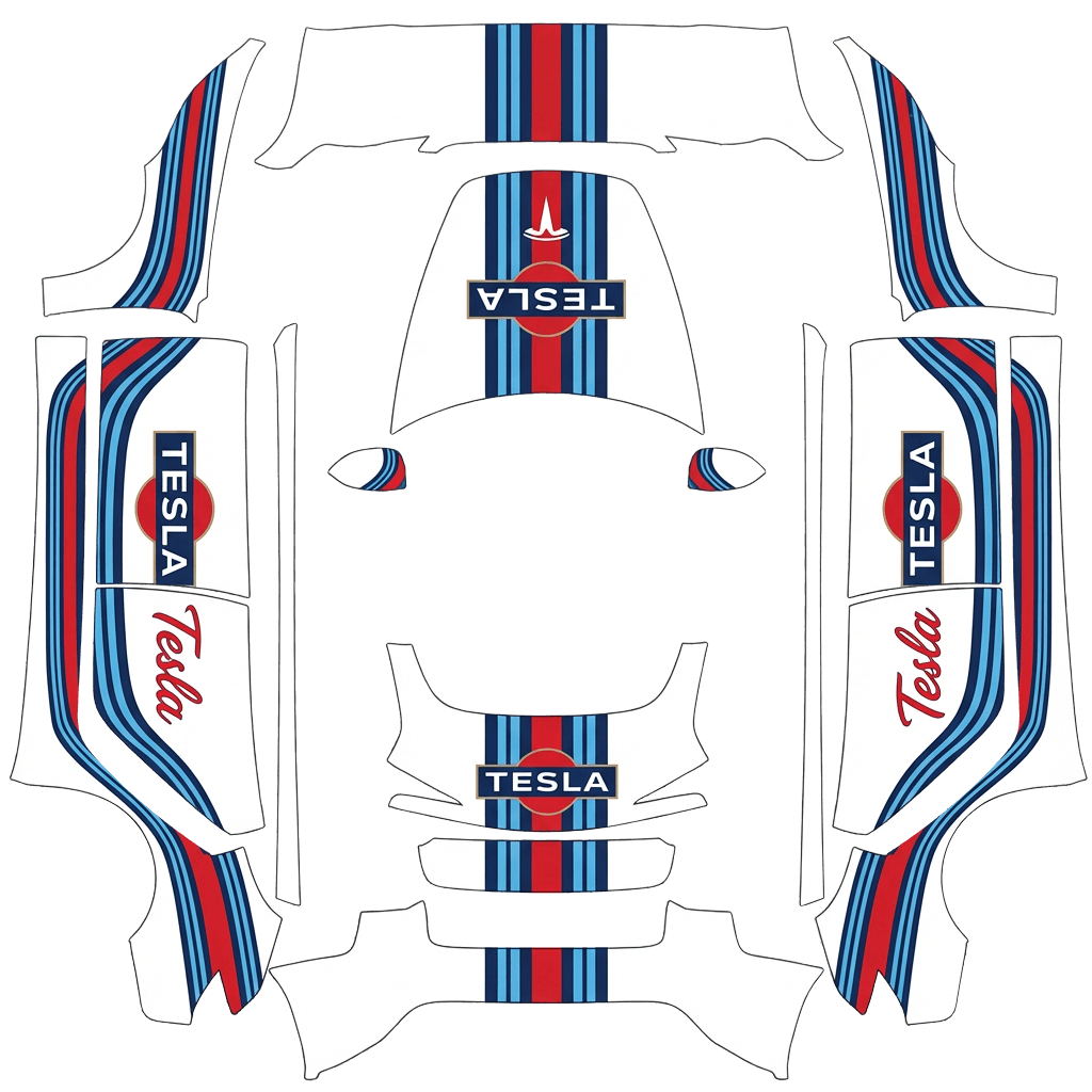 Tesla Model 3 (2024+) wrap design - Look Martini racing avec la marque Tesla inclue