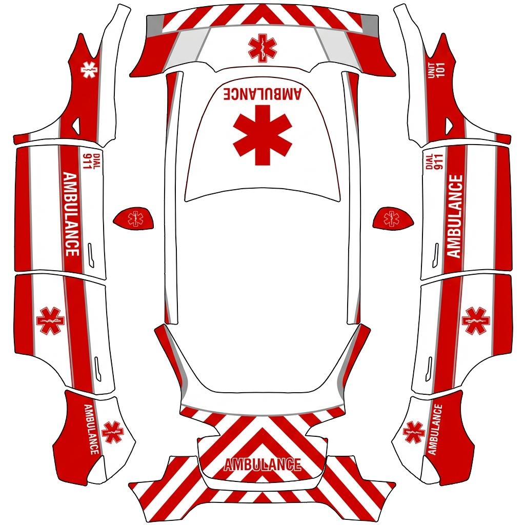 Tesla Model Y with a Ambulance red and white wrap, 3D preview