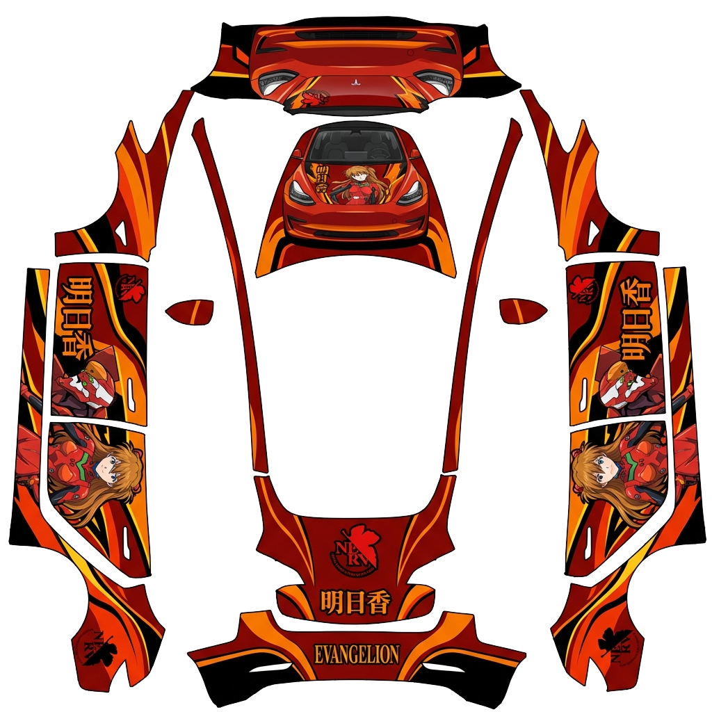 Tesla Model 3 with a Asuka Evangelion Red and Orange wrap, 3D preview