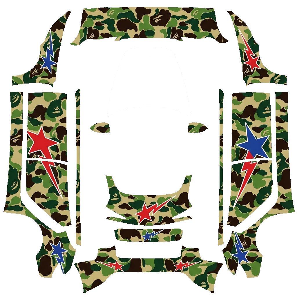 Tesla Model 3 (2024+) Standard & Premium with a BAPE Green Camo with Shark Star wrap, 3D preview