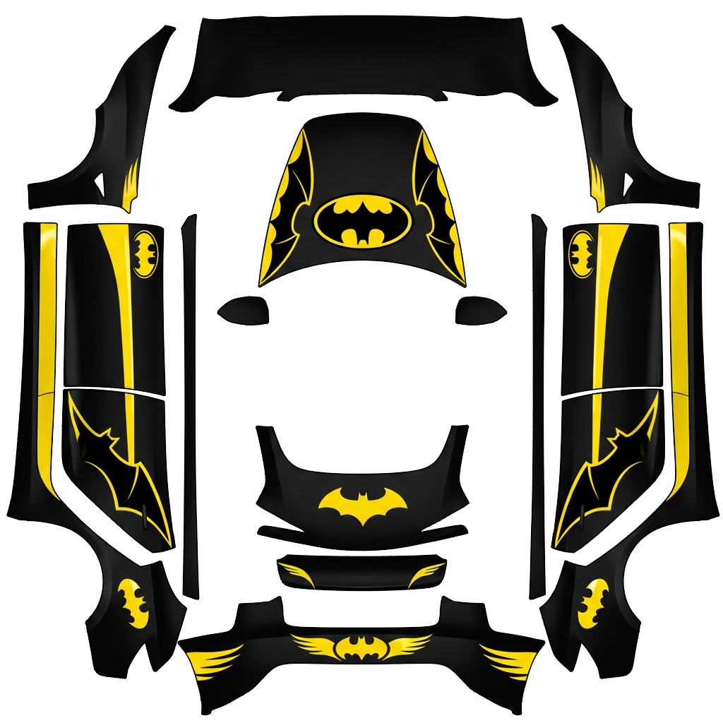 Batman black Tesla Model 3 (2024+) Standard & Premium wrap PNG - flat 1024x1024 wrap PNG template for Tesla Model 3 (2024+) Standard & Premium Paint Shop