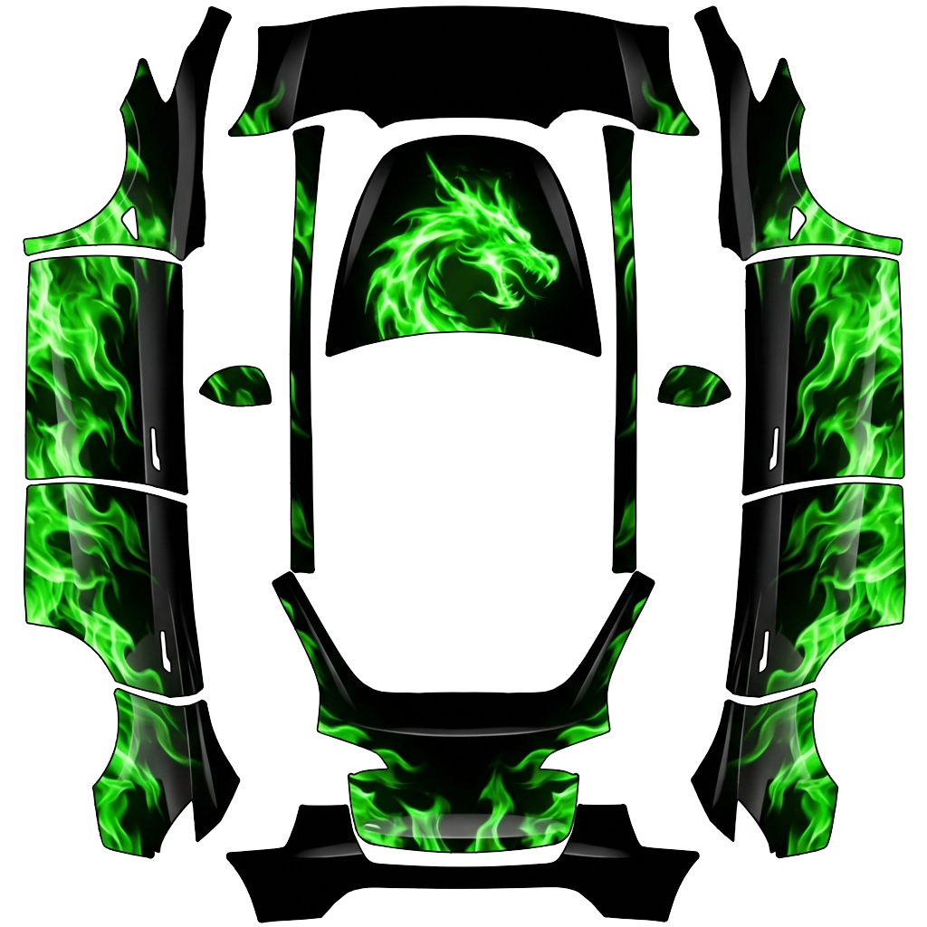Tesla Model Y with a Black with Green Flame Dragon wrap, 3D preview