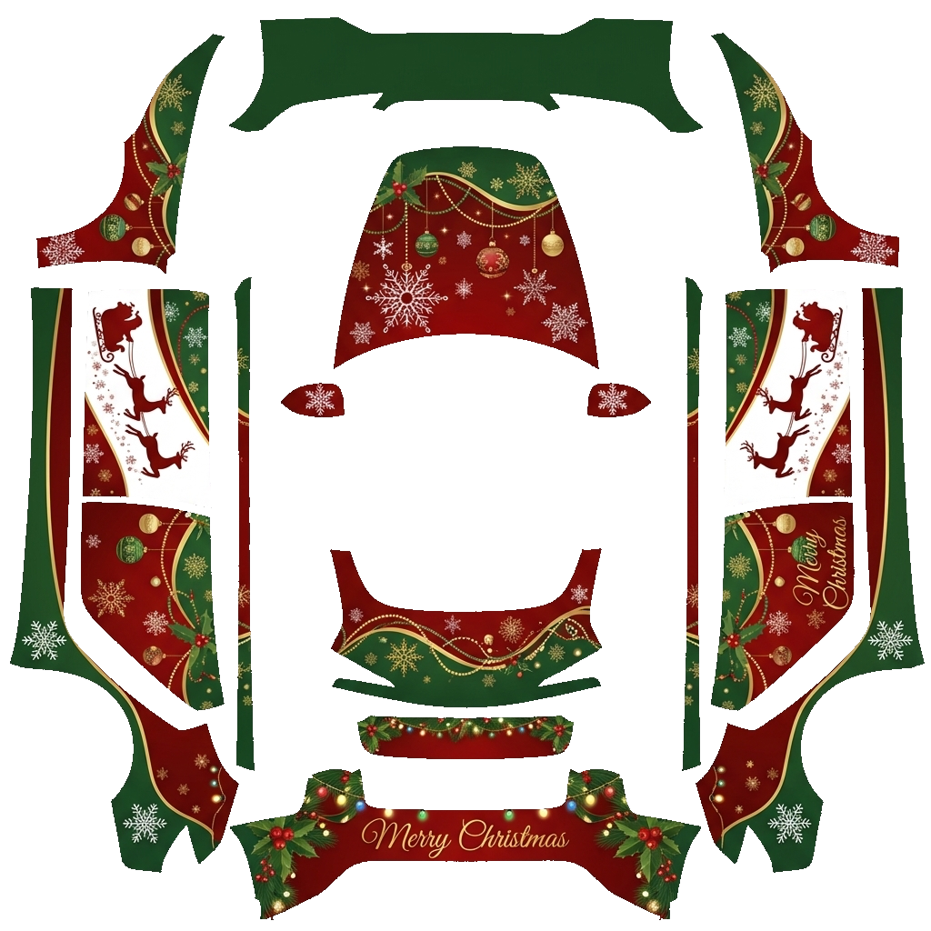 Tesla Model 3 (2024+) Performance with a Christmas Reindeer Red and Green wrap, 3D preview