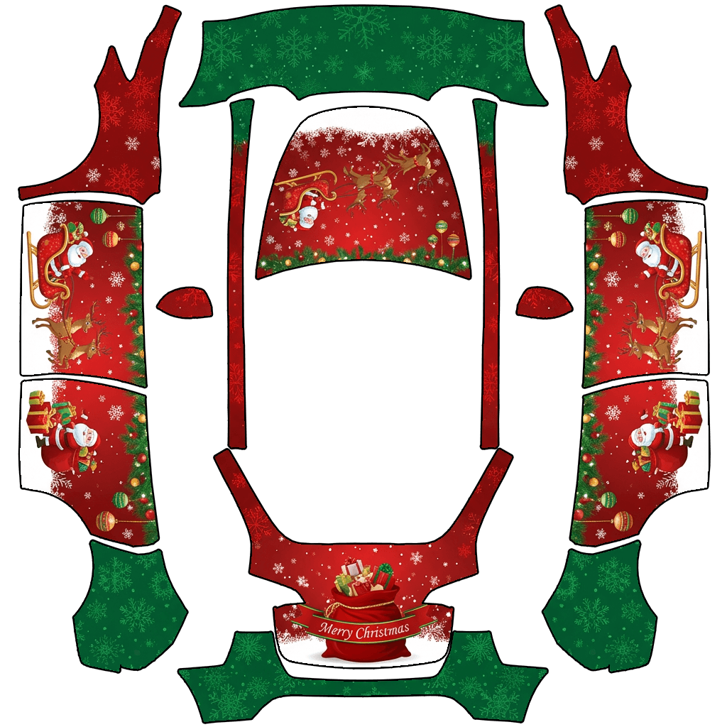 Tesla Model Y with a Christmas Santa Sleigh Red and Green wrap, 3D preview