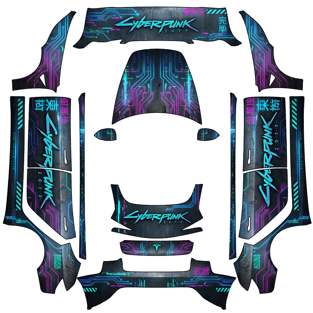 Cyberpunk Tesla Model 3 (2024+) Standard & Premium wrap PNG - flat 1024x1024 wrap PNG template for Tesla Model 3 (2024+) Standard & Premium Paint Shop