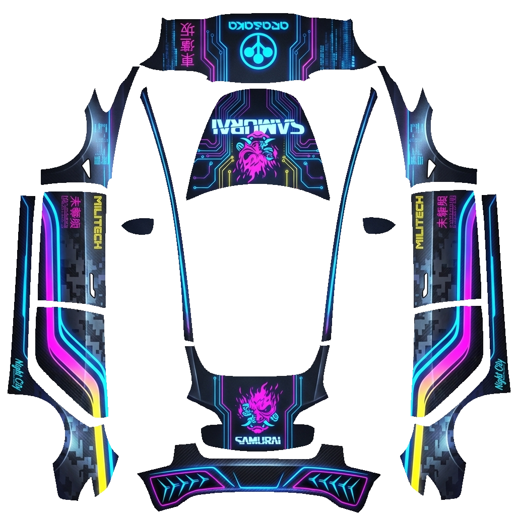Tesla Model 3 with a Cyberpunk wrap, 3D Paint Shop preview