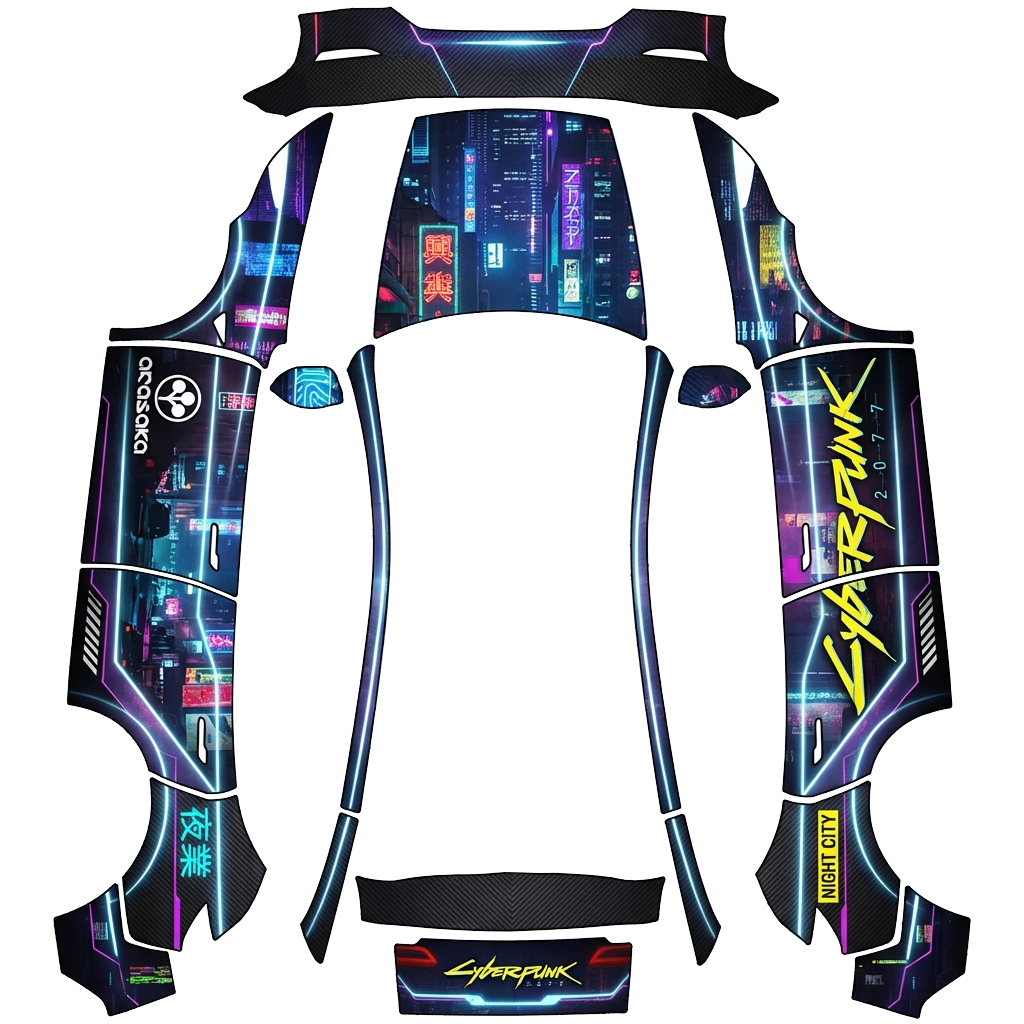 Cyberpunk Tesla Model Y (2025+) Premium wrap PNG - flat 1024x1024 wrap PNG template for Tesla Model Y (2025+) Premium Paint Shop