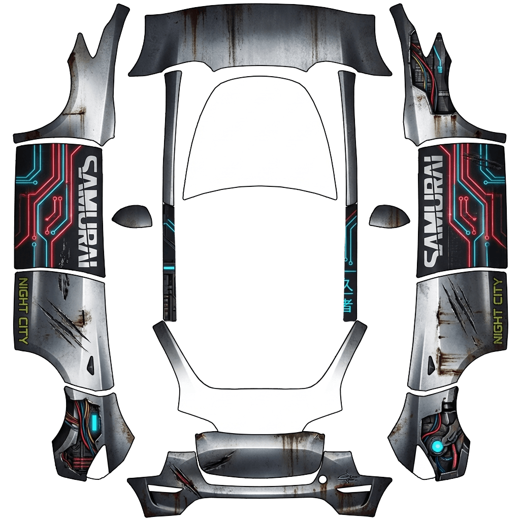Cyberpunk Tesla Model Y wrap PNG - flat 1024x1024 wrap PNG template for Tesla Model Y Paint Shop