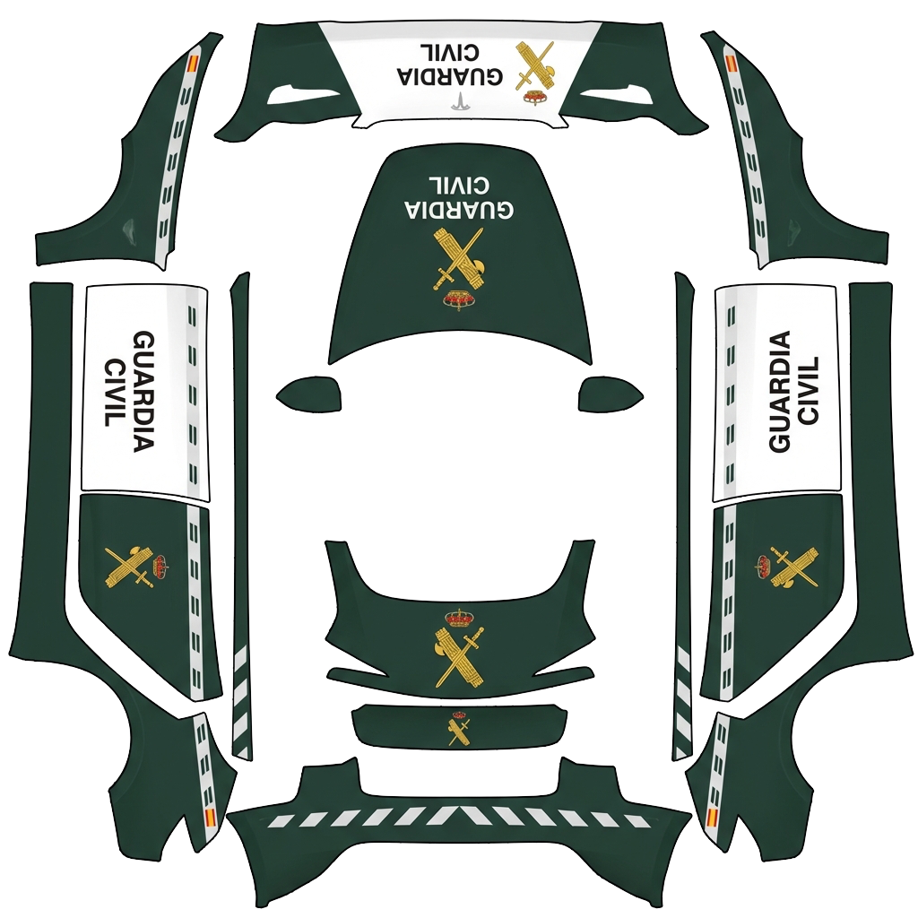 Tesla Model 3 (2024+) Standard & Premium with a Guardia Civil Green and White wrap, 3D preview