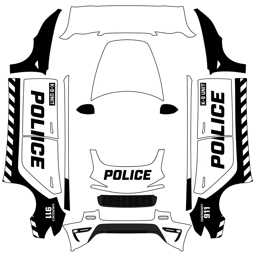 Tesla Model 3 (2024+) Standard & Premium with a Police Stripes black and white wrap, 3D preview