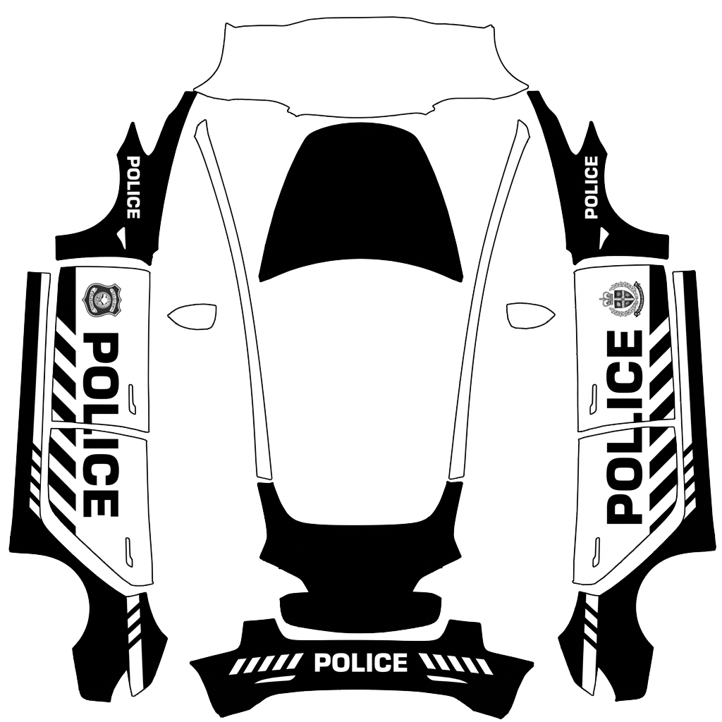 Tesla Model 3 with a Police Stripes black and white wrap, 3D preview