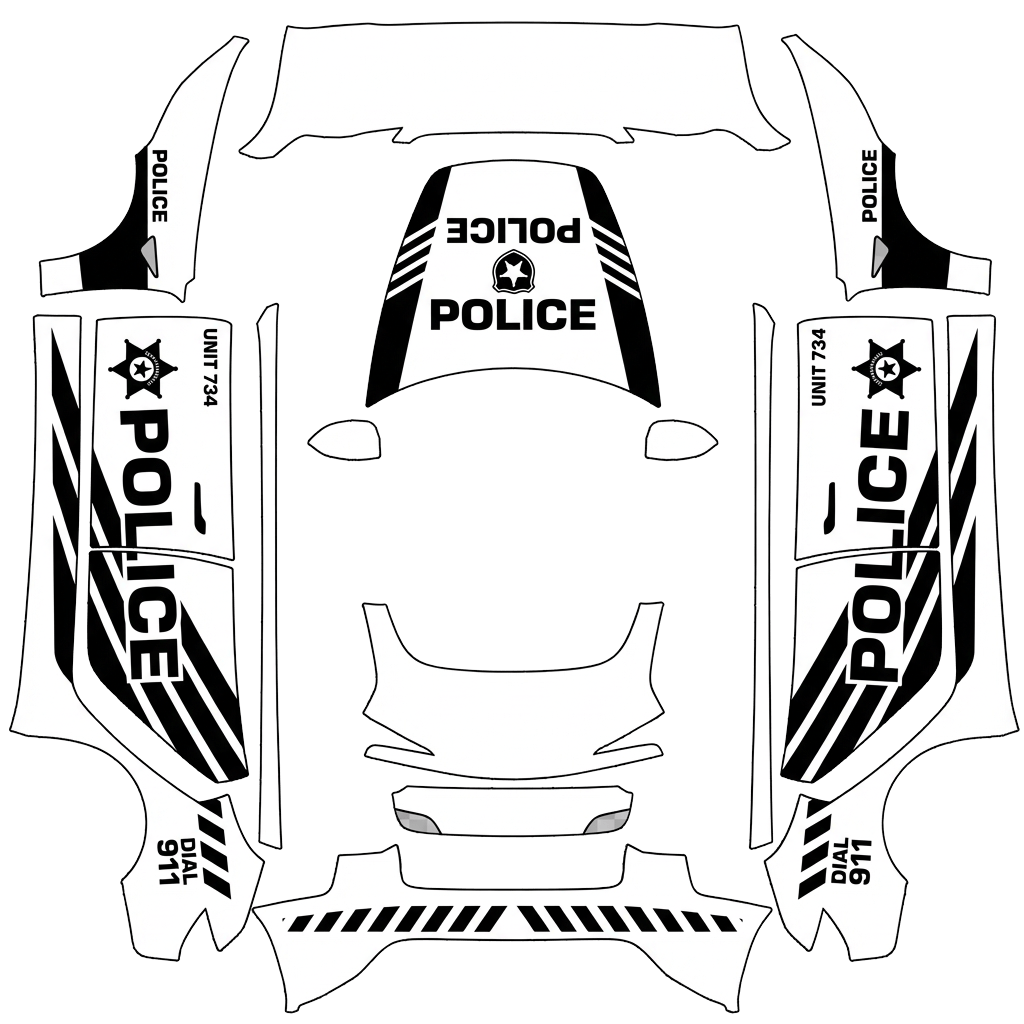 Police Tesla Model 3 (2024+) Standard & Premium wrap PNG - flat 1024x1024 wrap PNG template for Tesla Model 3 (2024+) Standard & Premium Paint Shop