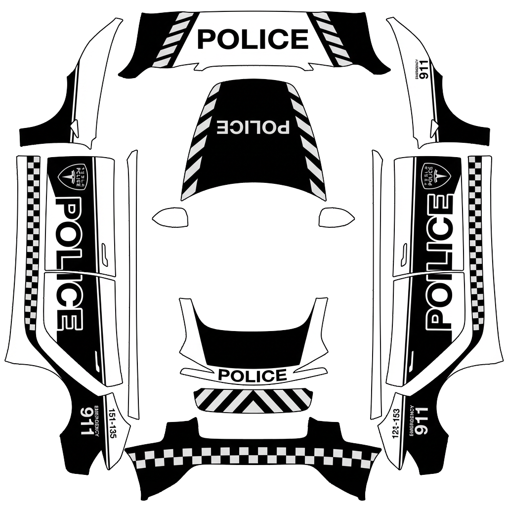 Police Tesla Model 3 (2024+) Standard & Premium wrap PNG - flat 1024x1024 wrap PNG template for Tesla Model 3 (2024+) Standard & Premium Paint Shop