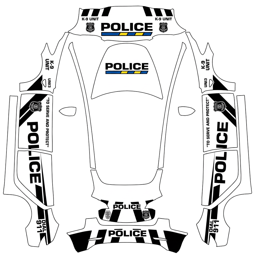 Tesla Model 3 with a Police wrap, 3D Paint Shop preview