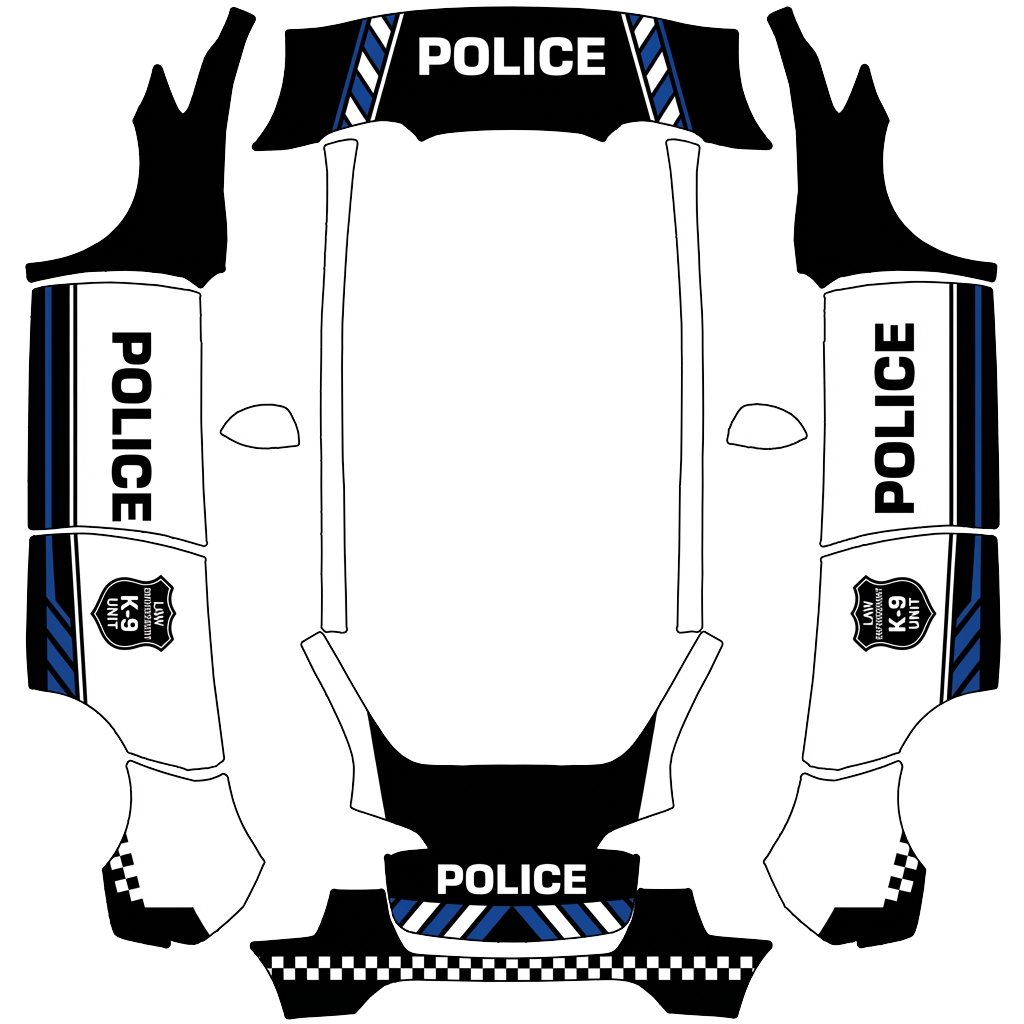 Tesla Model Y with a Police wrap, 3D Paint Shop preview