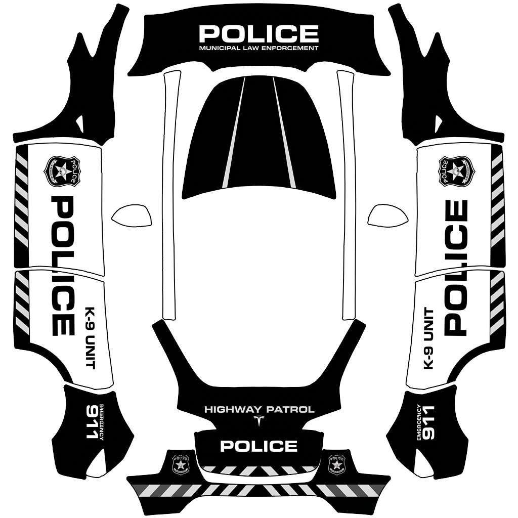 Tesla Model Y with a Police wrap, 3D Paint Shop preview