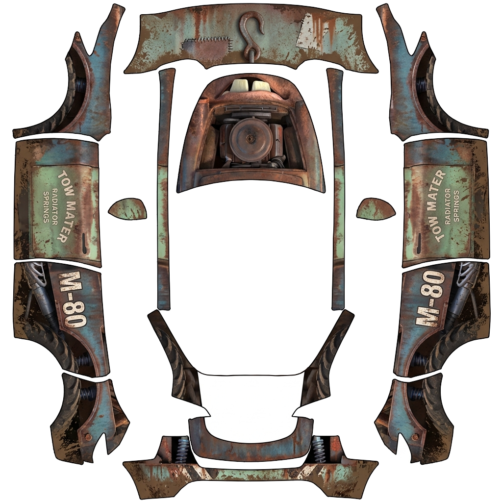 Tesla Model Y with a Rusty Tow Mater Monster Truck Style wrap, 3D preview
