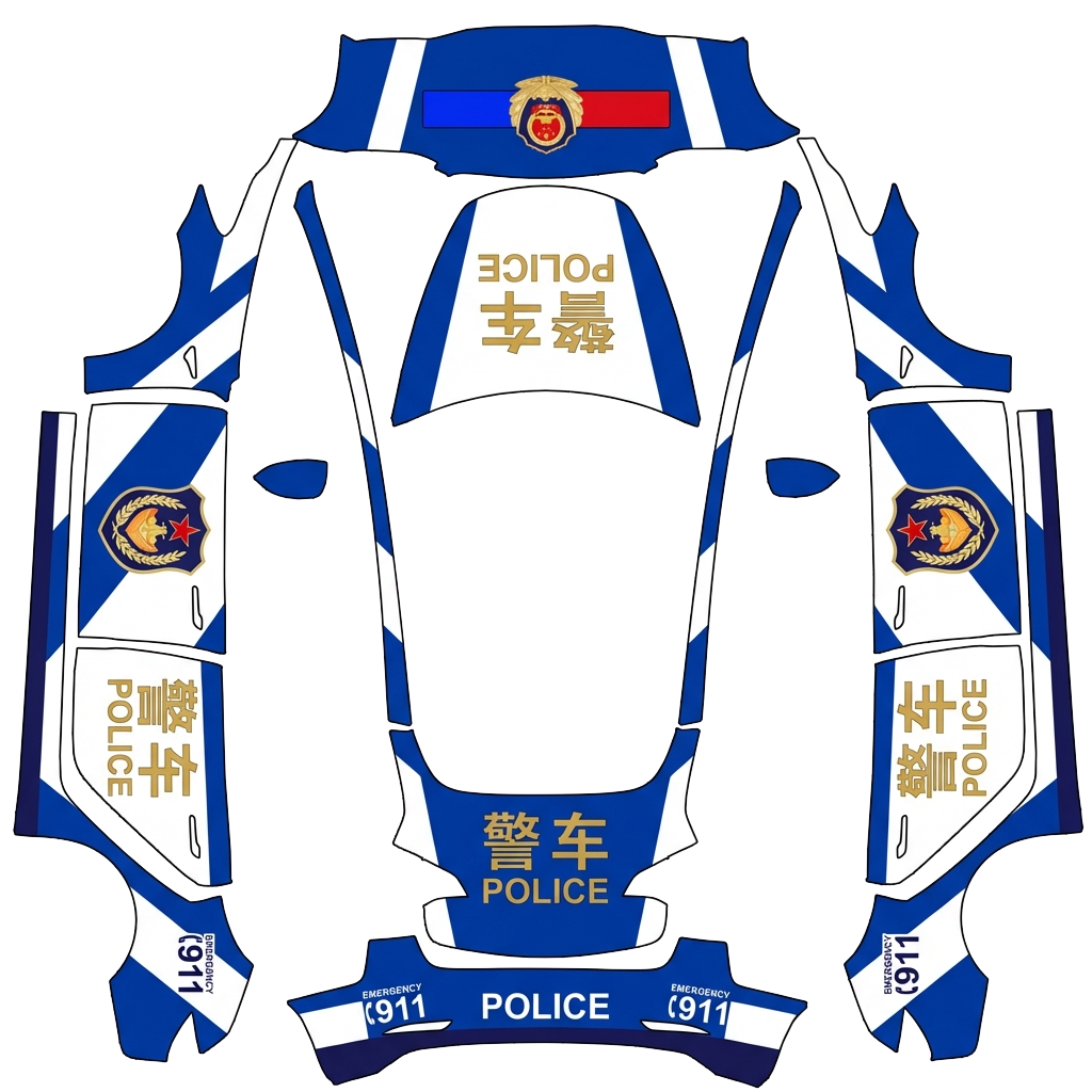 Tesla Model 3 with a 警车涂装,蓝白条纹,官方徽章和紧急车辆标记 wrap, 3D preview