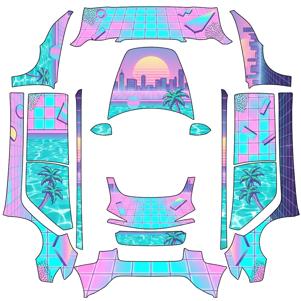 Tesla Model 3 (2024+) Standard & Premium with a Vaporwave Pool Pastel wrap, 3D preview