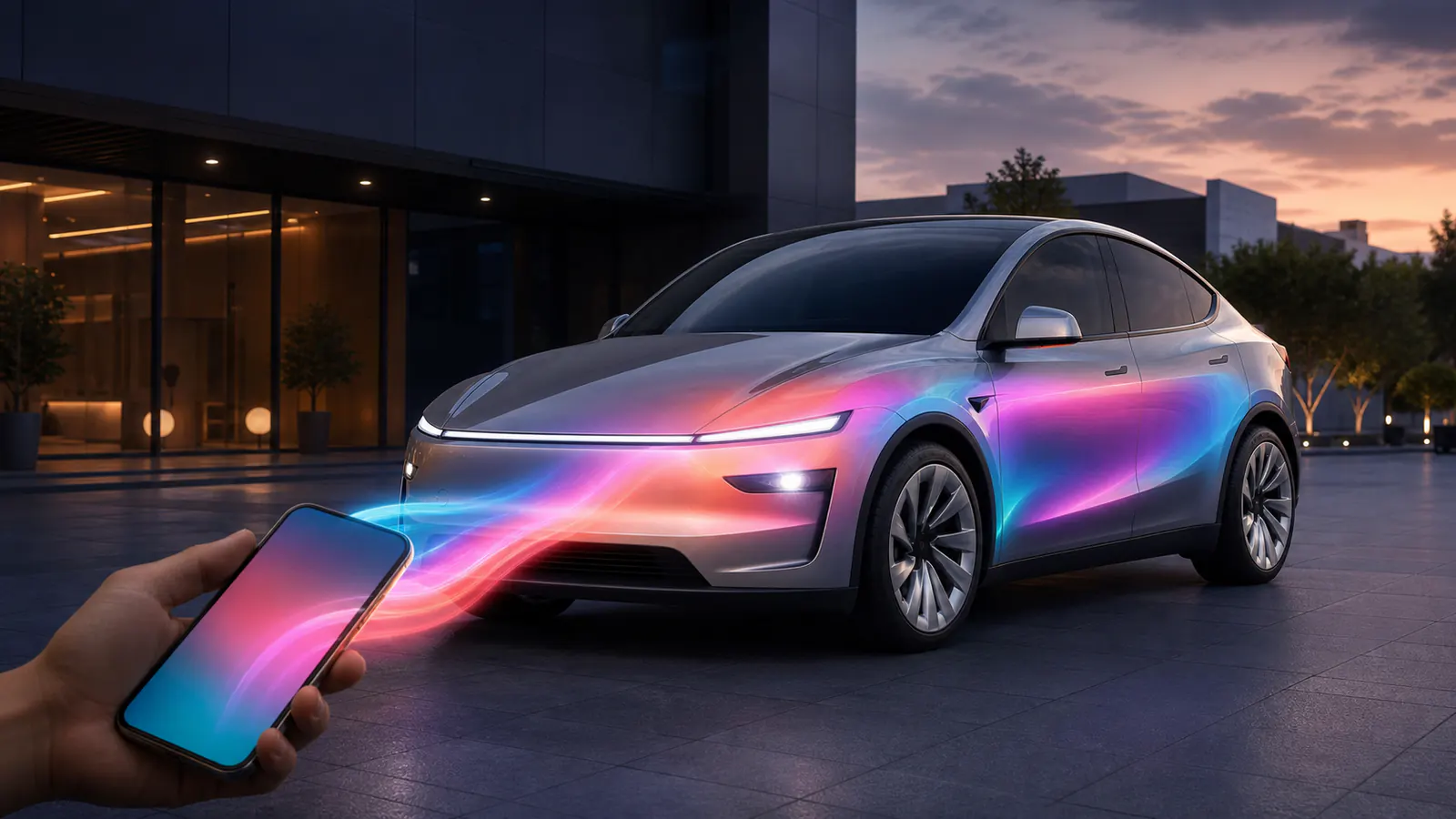 Project render of the new Model Y receiving a custom wrap upload from a phone