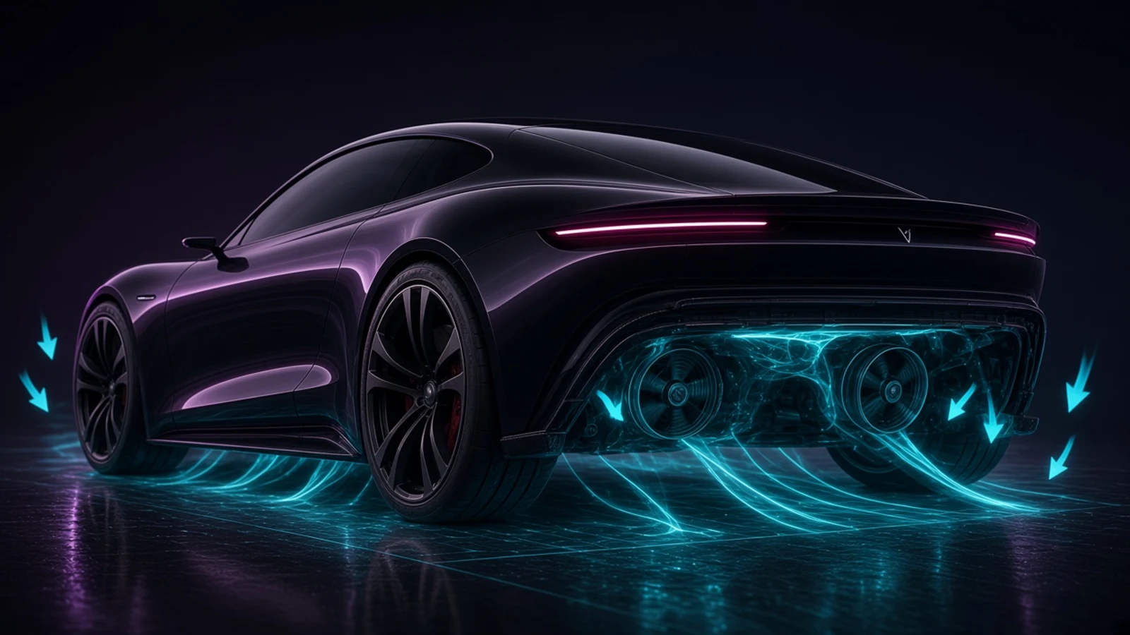 Tesla Roadster 式轿跑车尾概念示意图：可展开裙板密封车底发光的低压区，双风扇把空气抽出