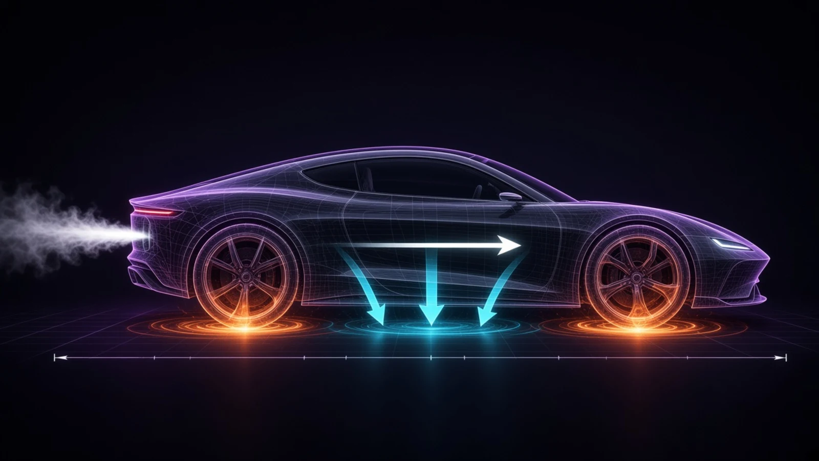 Tesla Roadster 式轿跑概念示意图：轮端电机扭矩、向下的气动压力，以及车尾冷气喷射产生的向前推力